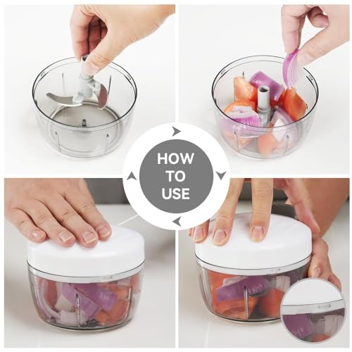 Manual Food Processor Vegetable Chopper 2.3 Cup Small Mini Hand Pull String Onion Chopper Garlic Mincer Cutter with 3 Stainless Steel Blades
