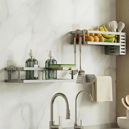 5-in-1 Shower Caddy & Kitchen Organizer Set, Wall Mount Wide Spice Rack with Paper Towel Holder, Utensil Holder, Soap Dish, Rustproof Mesh Baskets Hold 50LBS - Silver Gray, Guardrail