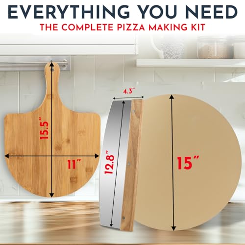 15" Round Pizza Stone for Oven Set 3PCs with Pizza Peel for Oven and Cutter (3 Count)