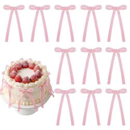 30 Pack Bow Cake Toppers Pink Gingham Ribbon Bows for Cake (30 Count)