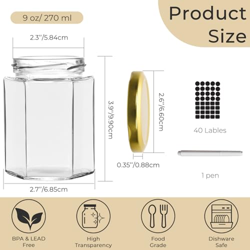 20 Pack 9 oz Clear Hexagon Glass Jars with Gold Lids (20 Count)