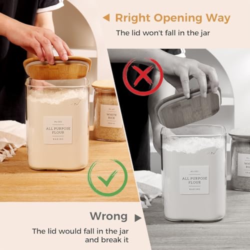 2 Pack large Square Glass Flour and Sugar Containers with 132 Kitchen Pantry Labels