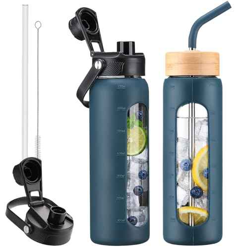 24 oz Glass Water Bottle with Straw and 2 Lids