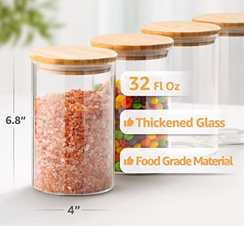 32 Oz Thick Walled Glass Jars with Bamboo Lid Airtight (4 Count)