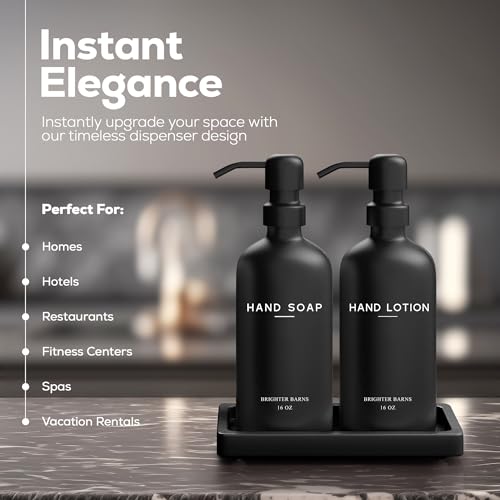 Black Glass Soap and Lotion Dispenser Set with Tray by Brighter Barns
