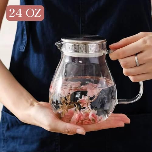 Glass Teapot with Removable Stainless Steel Filter Lid Stovetop & Microwave Safe Borosilicate Glass Kettle for Loose Leaf