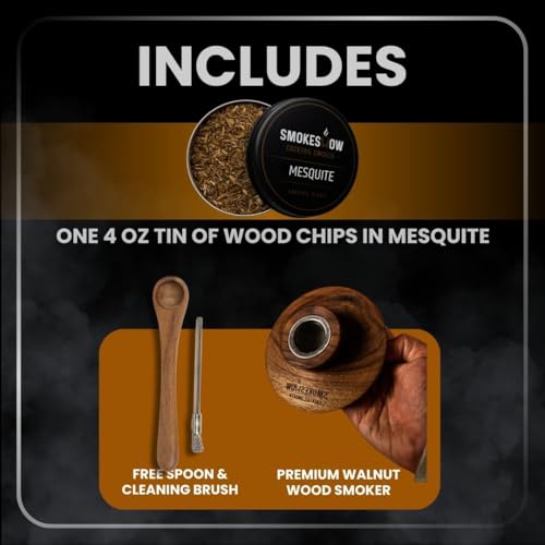 Premium Walnut Wood Cocktail Smoker with One 4 oz Tin of Wood Chips. Great for Whiskey & Old Fashion. Coated in Safe Food Natural Beeswax