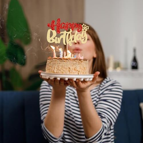 1Pcs Happy Birthday Cake Topper Glitter Happy Birthday Cake Pick for Christmas Theme Baby Shower Anniversary Party Decorations Supplies Red Gold