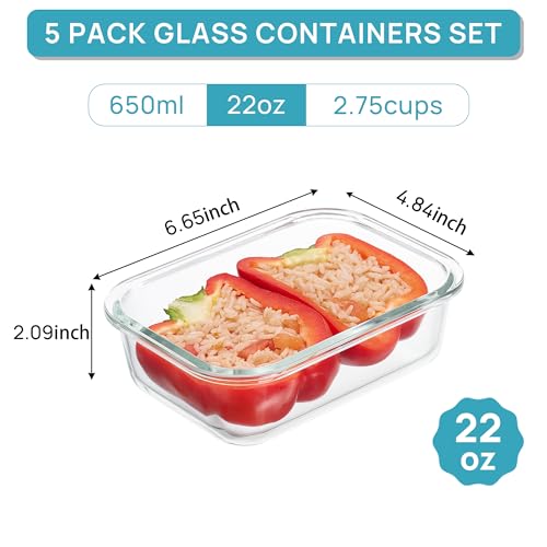 5Pack 22oz Glass Storage Containers with Lids (5 Count)