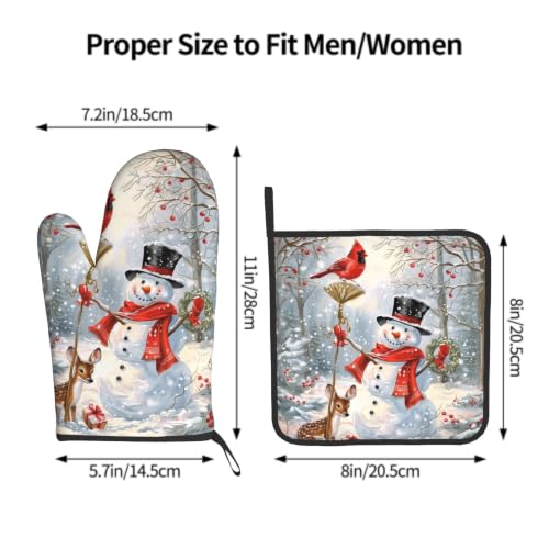 Winter Snowman Oven Mitts and Pot Holder Set of 2 Red Bird Berry Decorative Oven Gloves Heat Resistant Kitchen Hot Pads for Baking Cooking
