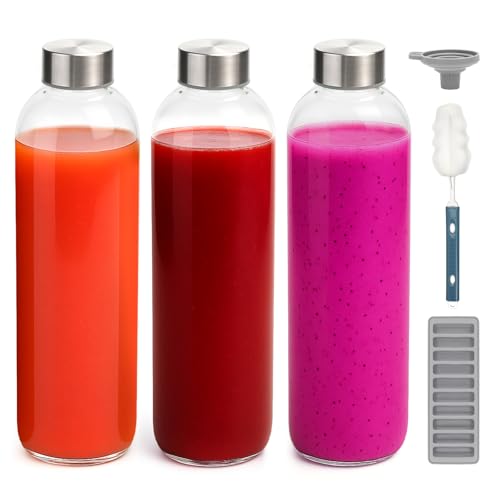 Clear Glass Water Bottles with Stainless Steel Lids 32 oz (3 Count)