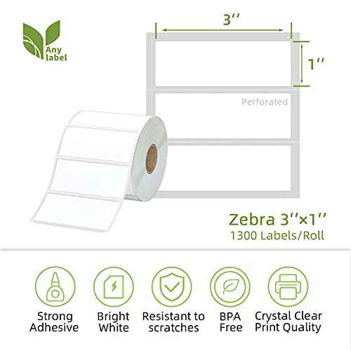 Compatible 3" x 1" Direct Thermal Labes Replacement for Barcodes Postage Address Shipping Compatible with Rollo & Zebra Desktop Printers Adhesive & Perforated (15600 Count)