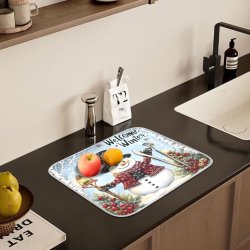 Winter Snowman Christmas Dish Drying Mat for Kitchen Counter Absorbent Microfiber Small Drying Pad Dish mats for Kitchen Countertops 16 x 18 Inch