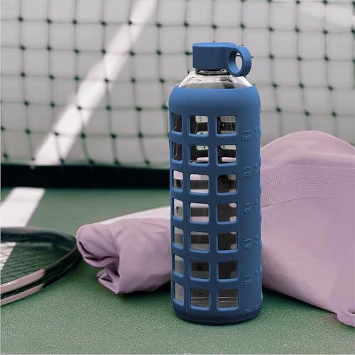 40oz / 32oz / 22oz / 12oz Borosilicate Glass Water Bottle with Time & Volume Markers, Silicone Sleeve, Stainless Steel Lid – Reusable Glass Bottle for Water & Juice (32oz Chinese Porcelain)