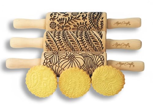 FLORAL 3 Small Textured Rolling Pin Set. Wooden laser engraved embossing dough roller for embossed cookies gift for Birthday