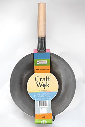Flat Hand Hammered Carbon Steel Pow Wok with Wooden and Steel Helper Handle
