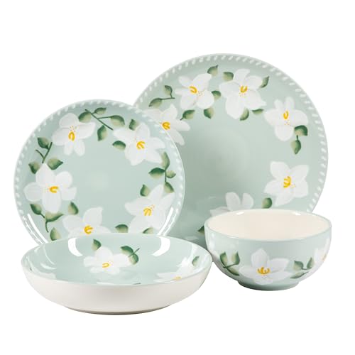 Magnolia Bloom 16 Piece Double Bowl Hand Painted Stoneware Plates and Bowls Floral Dinnerware Set