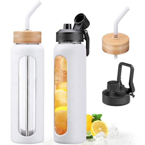 32oz Glass Water Bottle with Straw and 2 Lids