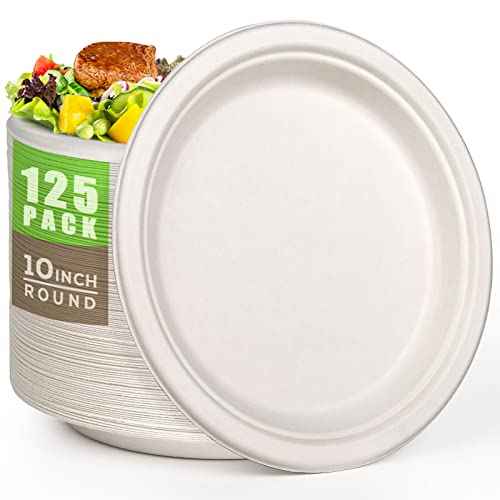 100% Compostable Plates 10 Inch 125 Pack Paper Plates Heavy (125 Count)