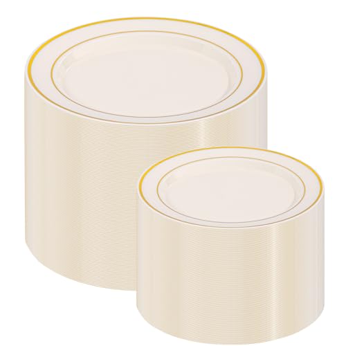 200PCS Gold and Ivory Plastic Plates (200 Count)