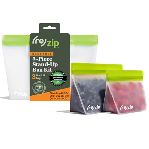re) zip Reusable Stand-Up Food Storage Bags, Leakproof, 3-Piece, Green
