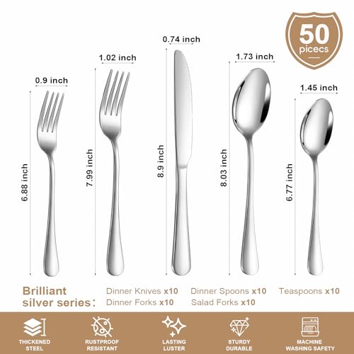 Silverware Set 50 Piece Stainless Steel Flatware Set Silverware Utensils for 10 People Includes Forks Knives Spoons & Salad Forks Dishwasher Safe for Home Restaurant or Outdoor Use (50 Count)