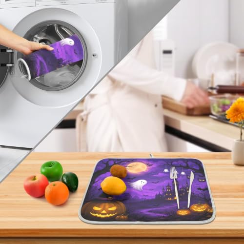 Halloween Scary Night Pumpkin Lanterns Purple Castle Dish Drying Mat for Kitchen Counter Absorbent Microfiber Large Drying Pad Dish mats for Kitchen Countertops 18 x 24 Inch