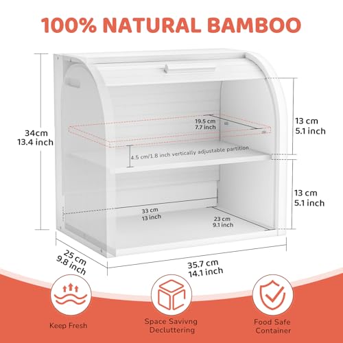 2 Tier Bamboo Bread Box for Kitchen Counter