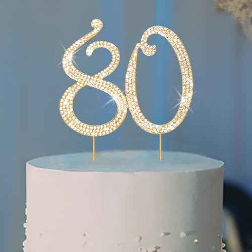 Cake Topper 80th Birthday Decorations for Women Gold Rhinestone Cake Toppers