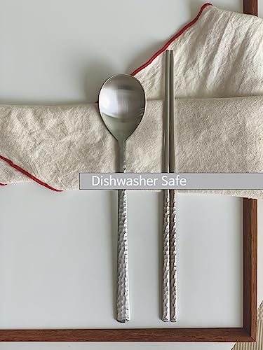 Korean Made Silver Glossy Hammered Stainless Steel Korean Spoon & Chopstick SET Gift for Mom Stocking Stuffer