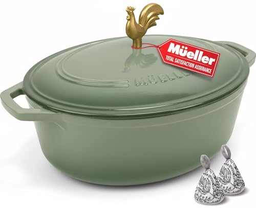 MUELLER HOME 5.5 Quart Enameled Cast Iron Oval Dutch Oven w Rooster Knob & Cotton Potholders