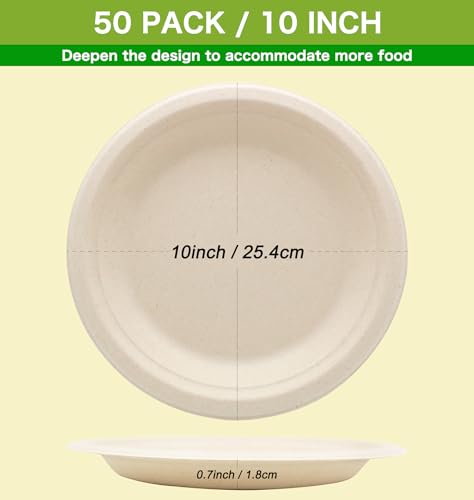 100% Compostable Disposable Paper Plates Heavy Duty Waterproof Plates (50 Count)