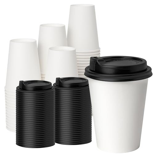 12 oz 100 Pack White Disposable Coffee Cups with Lids (100 Count)