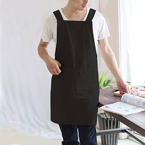 Japanese Linen Cross Back Kitchen Cooking Aprons for Men with Pockets for Baking Painting Gardening Cleaning Black