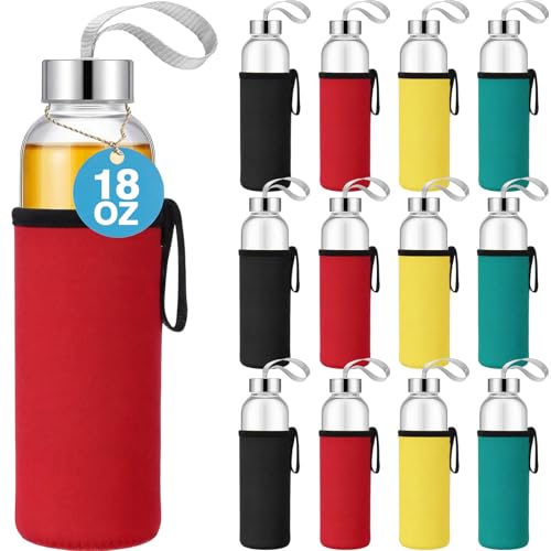 12 Pack Glass Water Bottles with Sleeves (12 Count)