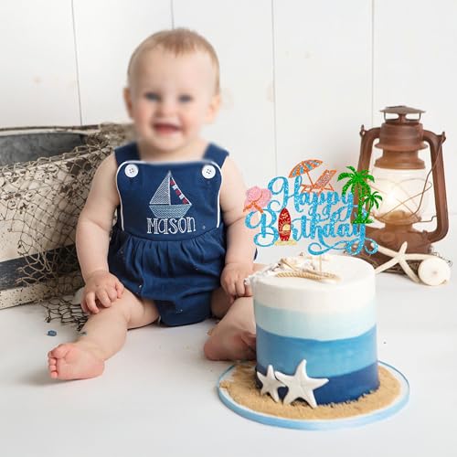 1Pcs Summer Beach Happy Birthday Cake Topper Glitter Ball Tree Umbrella Pool Cake Pick for Hawaiian Holiday Baby Shower Birthday Party Cake Decorations Supplies Blue