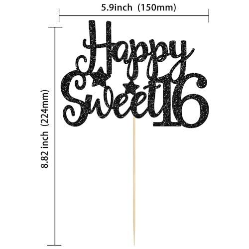 1Pc Happy Sweet 16 Cake Topper Glitter 16th Birthday Cake Pick for Cheers to 16 Years Old 16th Birthday Party Cake Decorations Supplies Black