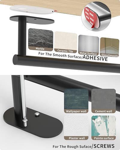 Black Paper Towel Holder Under Cabinet with 2 Hooks Self Adhesive