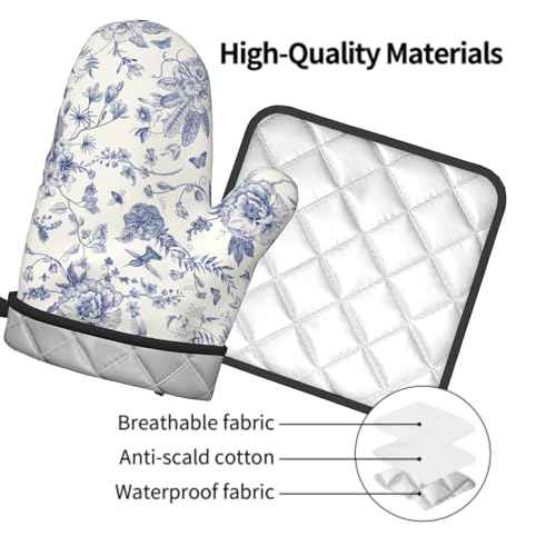 Chinoiserie Flower Oven Mitts and Pot Holder Blue Leaves Heat Resistant 2Pcs Washable Oven Gloves Hot Pads for Kitchen Baking Grilling BBQ