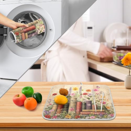 Vintage Books Shelf Dish Drying Mat for Kitchen Counter Absorbent Microfiber Small Drying Pad Dish mats for Kitchen Countertops 16 x 18 Inch