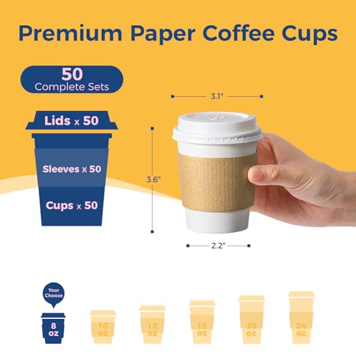 50 Pack 8 oz Disposable Coffee Cups with Lids (50 Count)