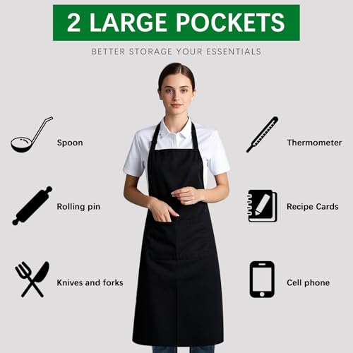Bib Apron Unisex Black Aprons 2 Pockets Cooking Kitchen Apron for Chef (10 Count)