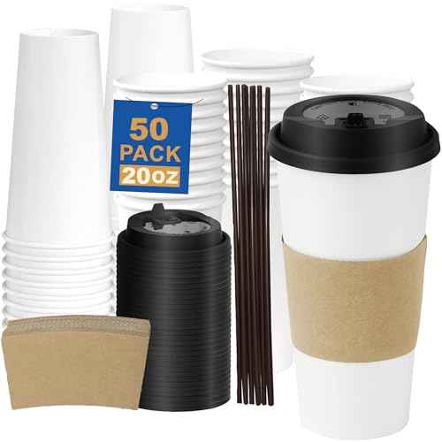 20 oz 50 Pack Coffee Cups with Lids and Sleeves (50 Count)