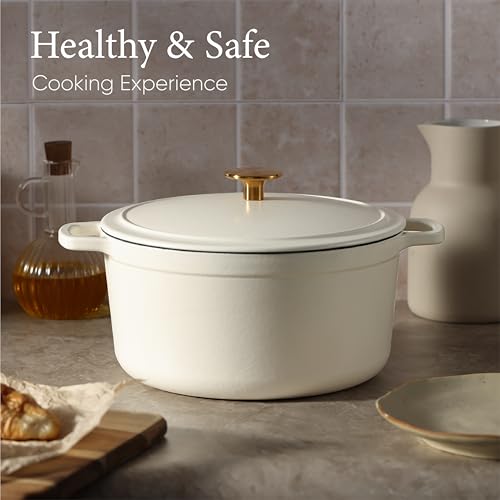 5QT Cream White Enameled Cast Iron Dutch Oven Pot with Lid