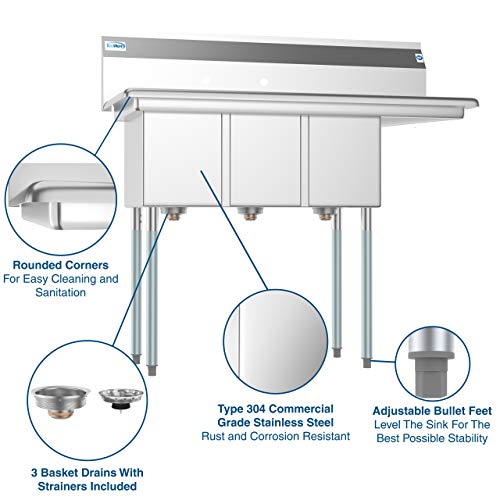 3 Compartment Stainless Steel NSF Commercial Kitchen Sink with Drainboard
