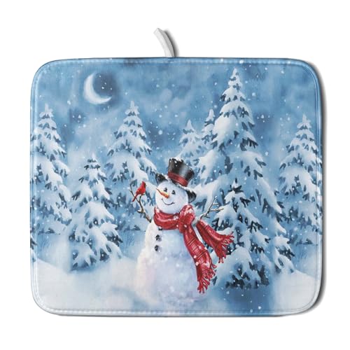 Blue Snowman Dish Drying Mat Winter Pine Tree Drainer Rack Mats 16x18 Inch Absorbent Fast Dry Dish Pad Protector Kitchen Counter Accessories