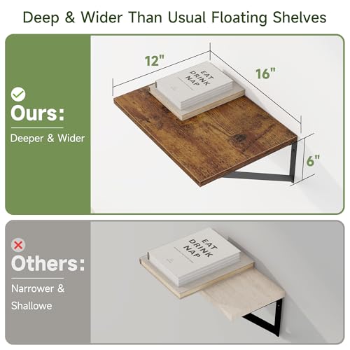 16W x 12D Deep Floating Shelves Set of 4 Rustic Brown (4 Count)