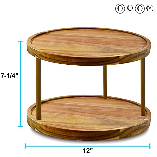 12" Two Tier Acacia Wood Lazy Susan Organizer Kitchen Turntable for Cabinet Pantry Table Organization