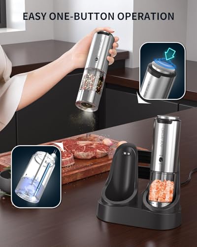 Rechargeable Salt and Pepper Grinder Set Stainless Steel Electric Pepper Grinders with Variable Grinding Speed