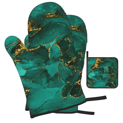 Turquoise Marble Oven Mitts and Pot Holders Sets of 3 Kitchen Decor (3 Count)